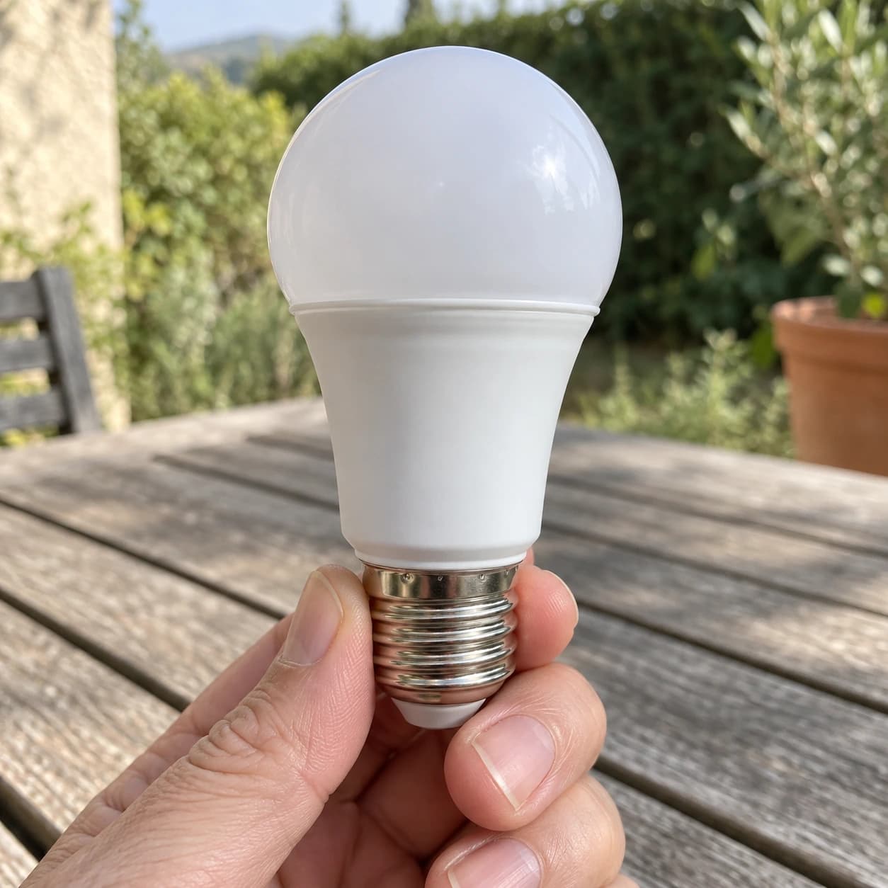 Ampoule radar E27 tenue verticale par son culot dans une main, sur une table de terrasse