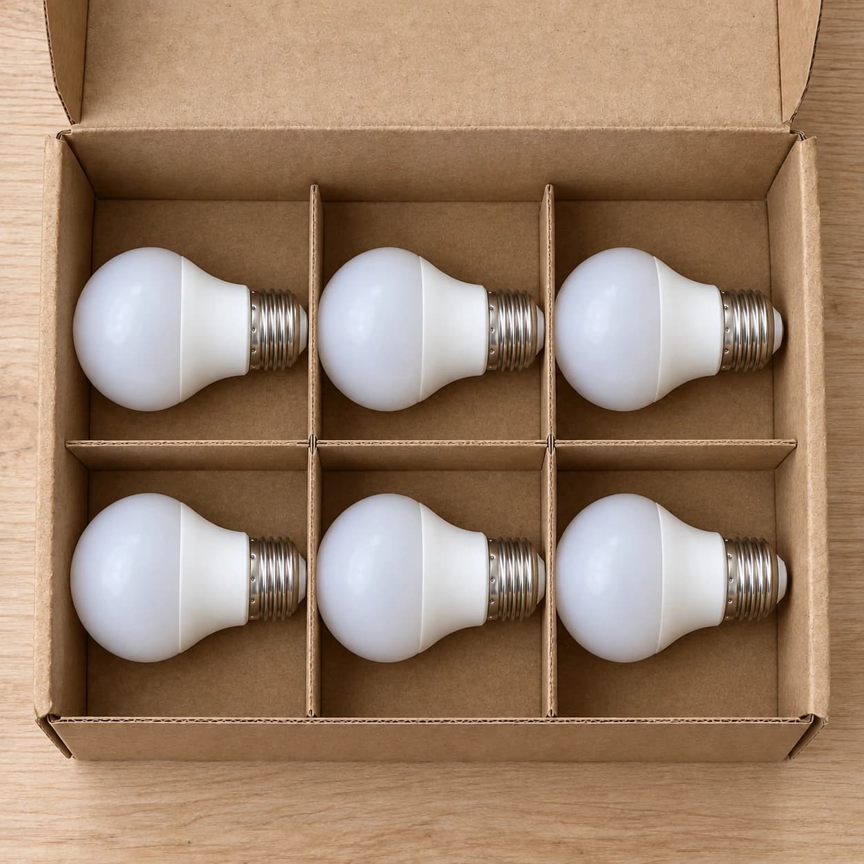 Les six ampoules du lot couchées en deux rangées dans leur carton à cloisons