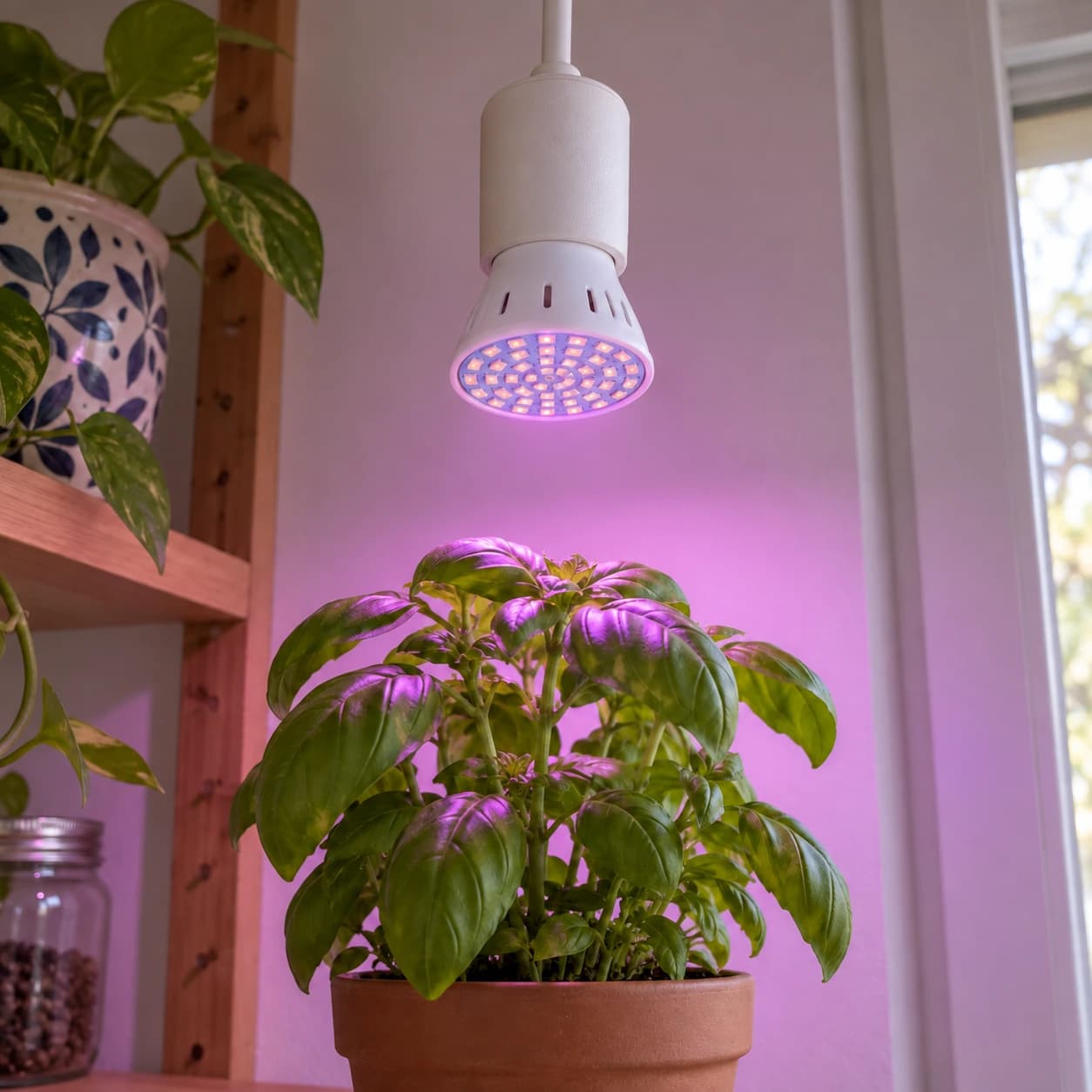 Ampoule installée au-dessus d’une plante