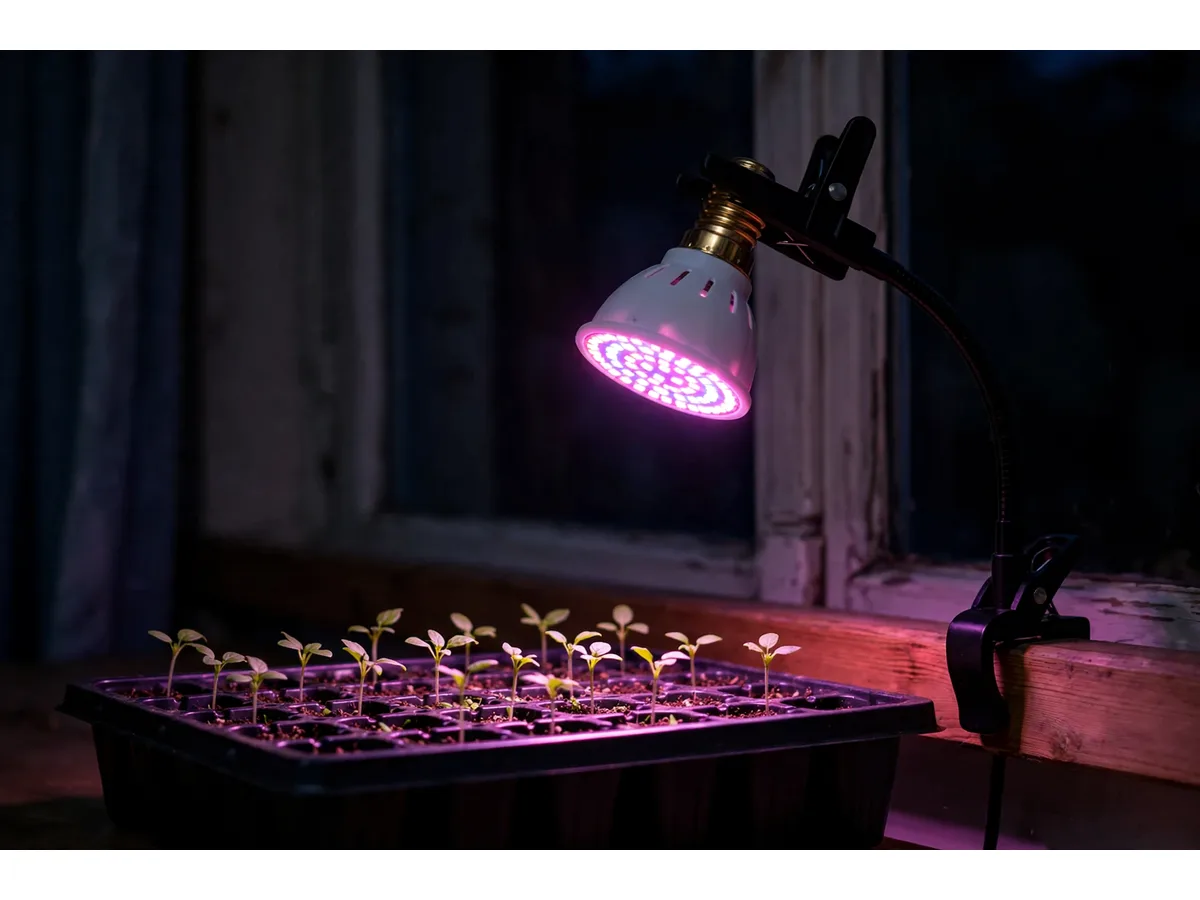 Ampoule allumée dans une lampe à pince, lumière rose violacée sur un plateau de semis posé sur un rebord de fenêtre