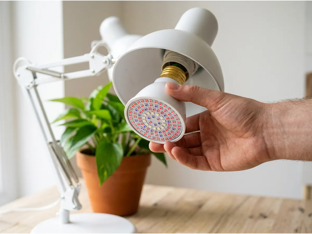 Une main vissant l'ampoule dans la douille d'une lampe de bureau articulée, à côté d'une plante verte en pot