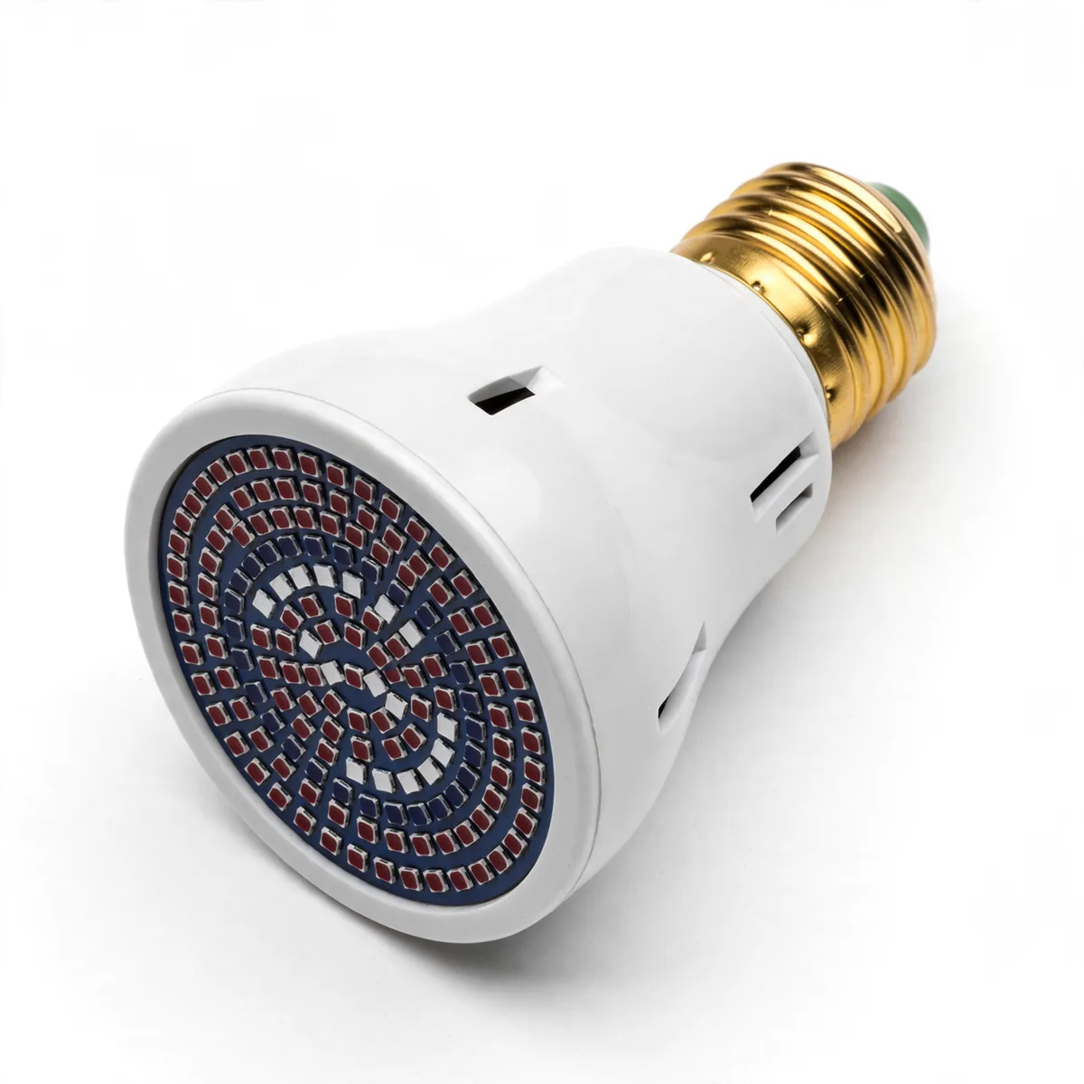 Ampoule horticole sur fond blanc, culot à vis doré et face avant plate garnie de diodes rouges et bleues