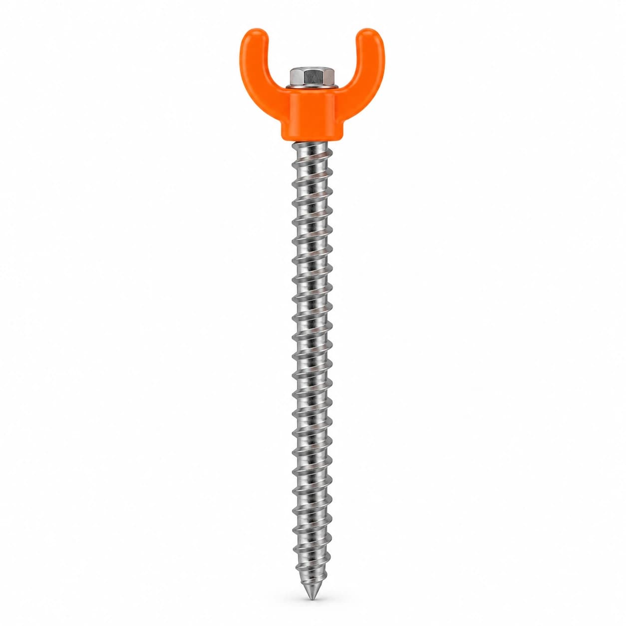 Une ancre filetée verticale, écrou hexagonal argenté, tête orange à deux bras et fût à large filet terminé en pointe