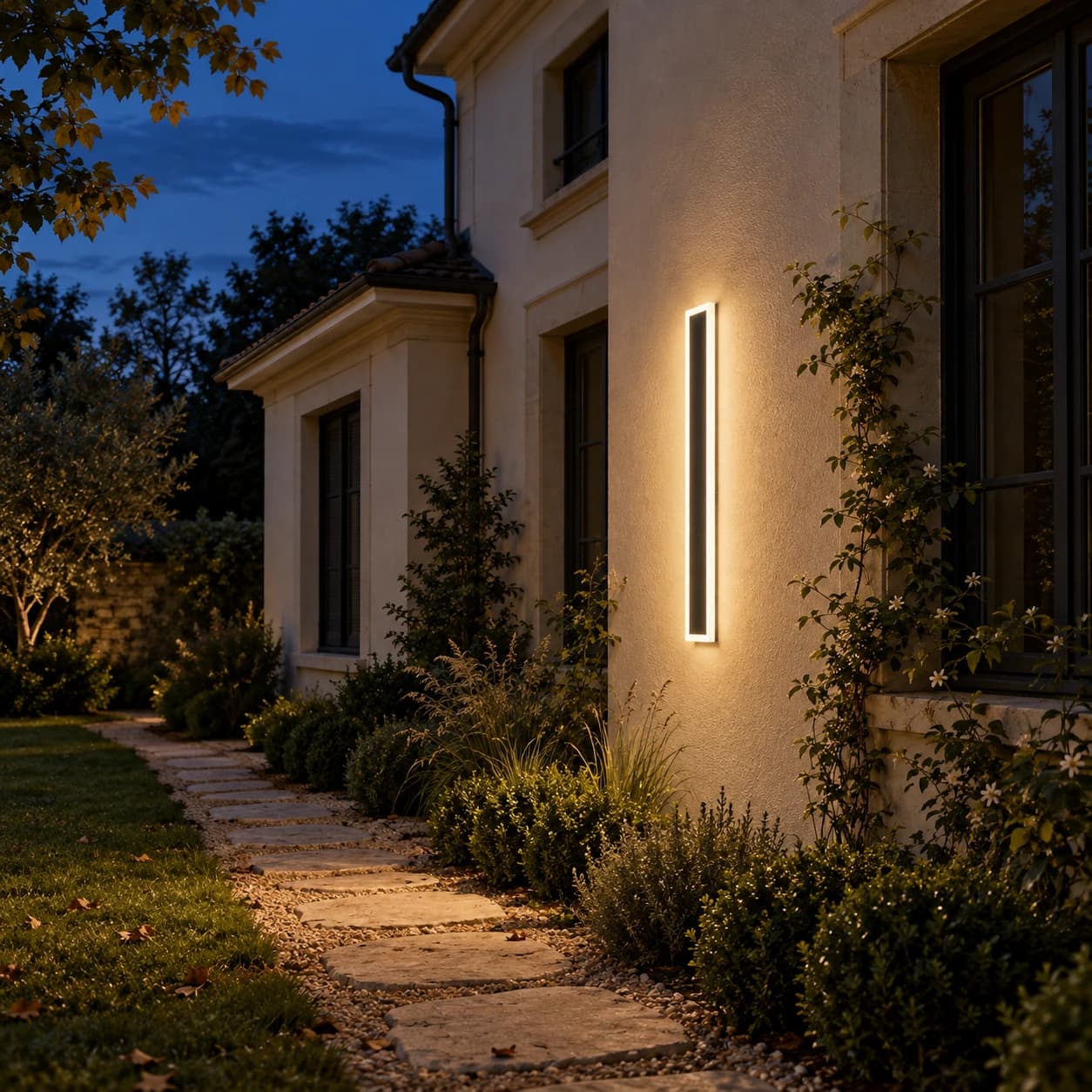 La barre lumineuse allumée au crépuscule sur la façade crépée d'une maison, près de l'allée