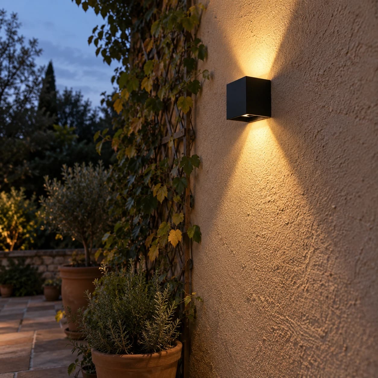 Le cube noir allumé sur un mur de jardin au crépuscule, deux nappes de lumière chaude en haut et en bas