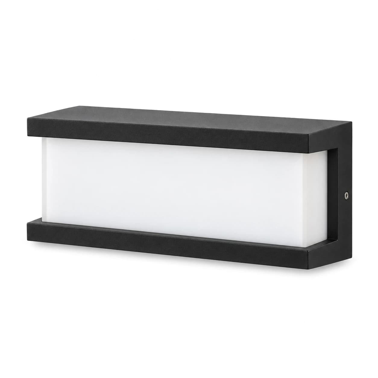 L'applique murale extérieure noire mate de trois quarts sur fond blanc, panneau diffusant éteint