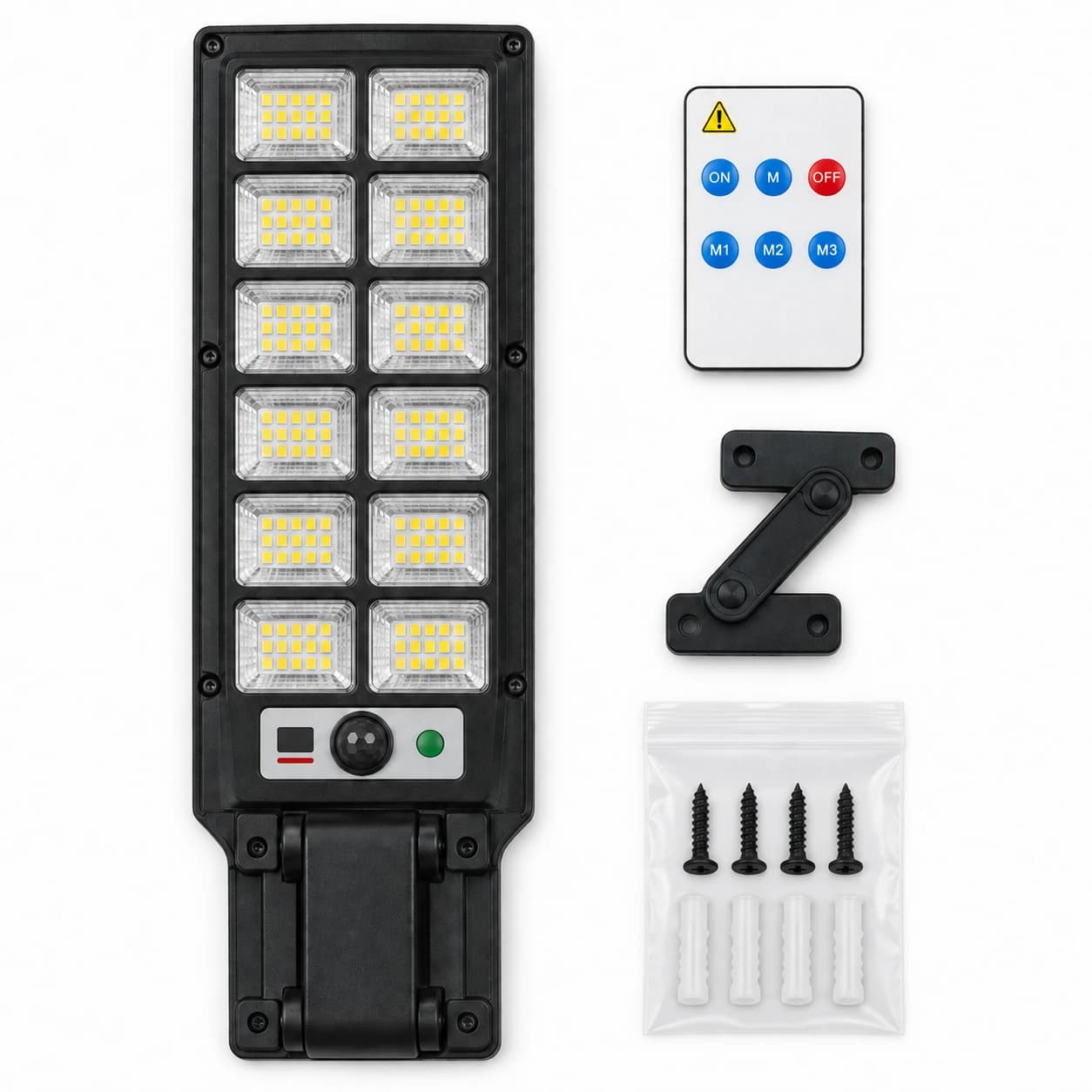 Contenu du colis posé à plat : applique, télécommande, bras de fixation et sachet de visserie