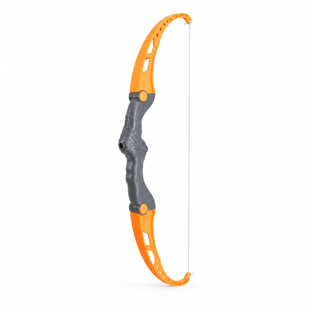 L'arc orange de 52 cm du lot, corde blanche tendue, sur fond blanc