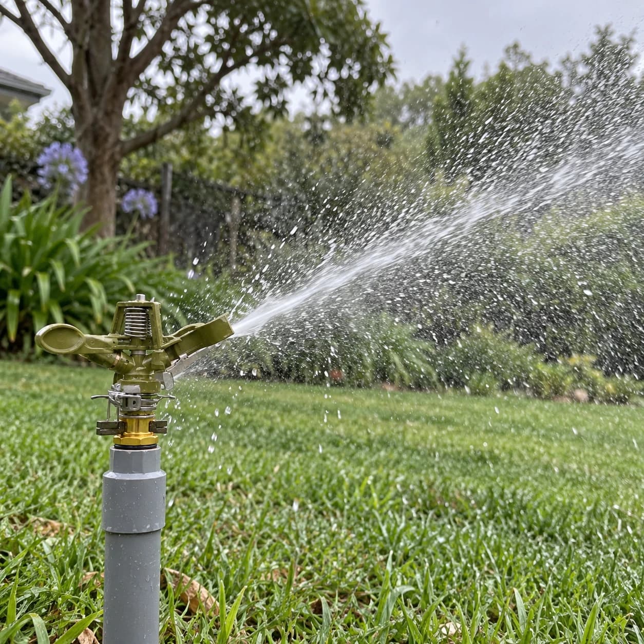 Tête d’arroseur raccordée à une colonne d’eau dans le jardin