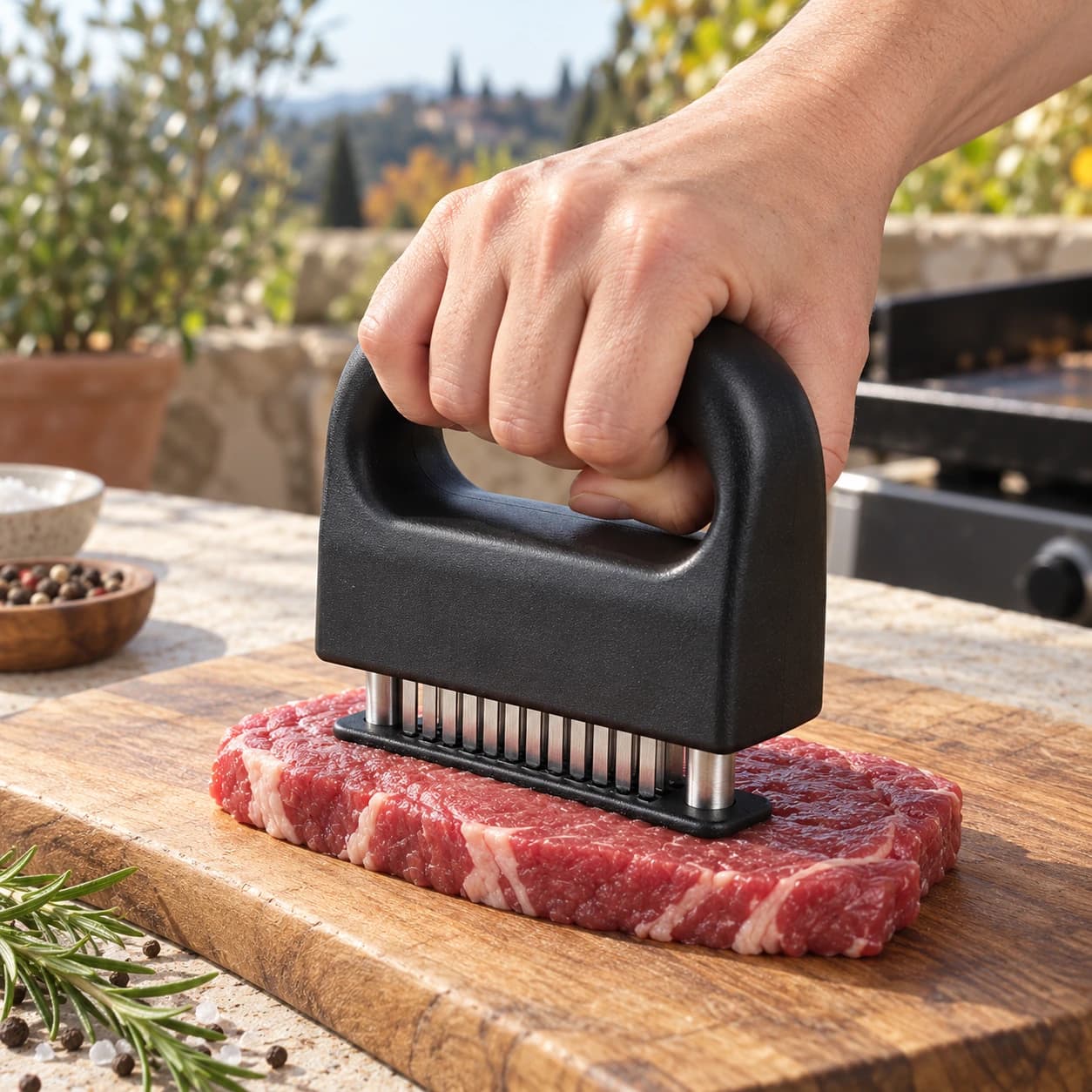 Attendrisseur à viande pressé d'une main sur un steak cru, en terrasse