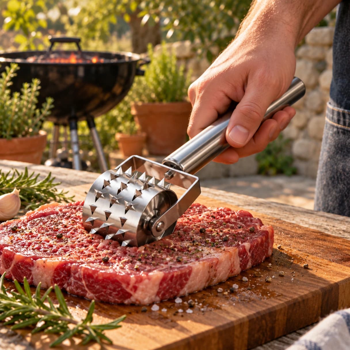 Main faisant rouler l'attendrisseur inox sur une tranche de viande crue posée sur une planche, barbecue flou au loin