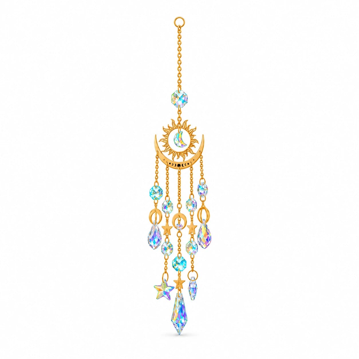 Pendentif attrape-soleil étoile et lune en métal doré et cristal suspendu dans un décor verdoyant