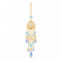 Attrape-soleil lune et soleil en métal doré sur fond blanc, cinq chaînettes à perles de cristal irisé