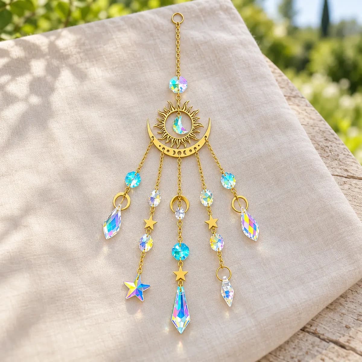 L'attrape-soleil étoile et lune en cristal doré tenu à la main en extérieur sous la lumière naturelle