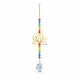 Attrape-soleil lotus sur fond blanc : fleur dorée, perles de verre coloré et goutte de cristal