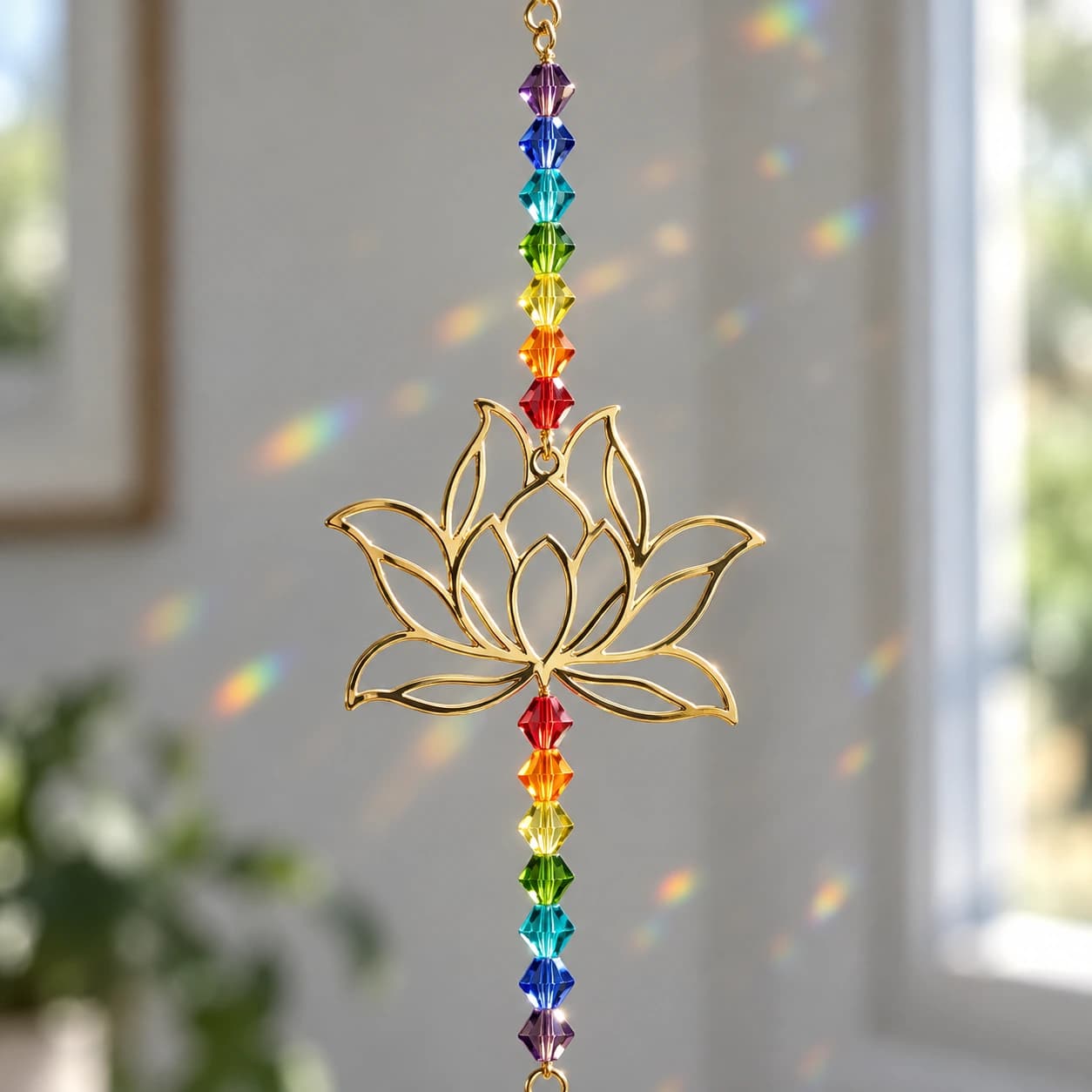Attrape-soleil lotus en verre coloré, perles irisées à suspendre, détail