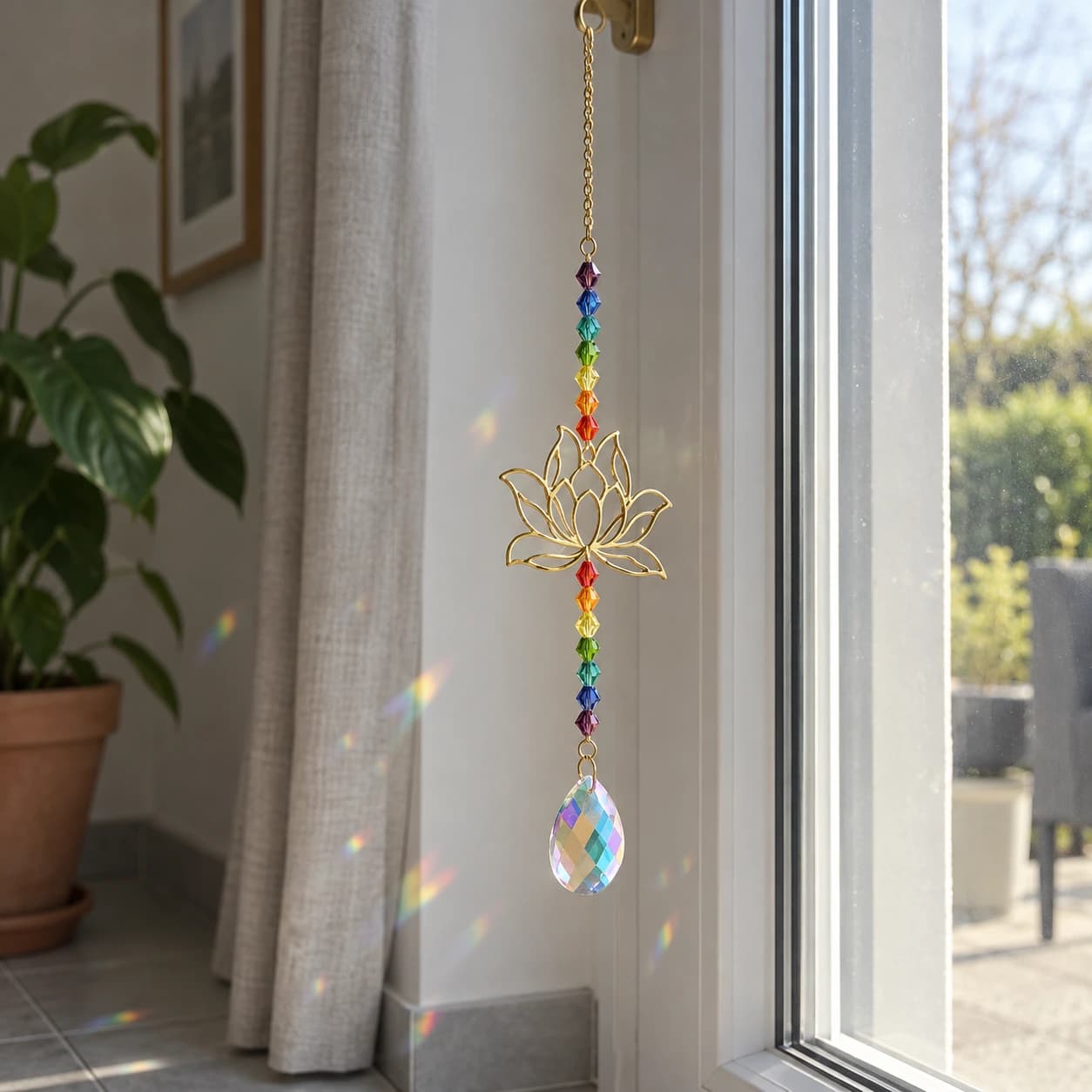 Attrape-soleil lotus en verre coloré, perles irisées à suspendre, en usage