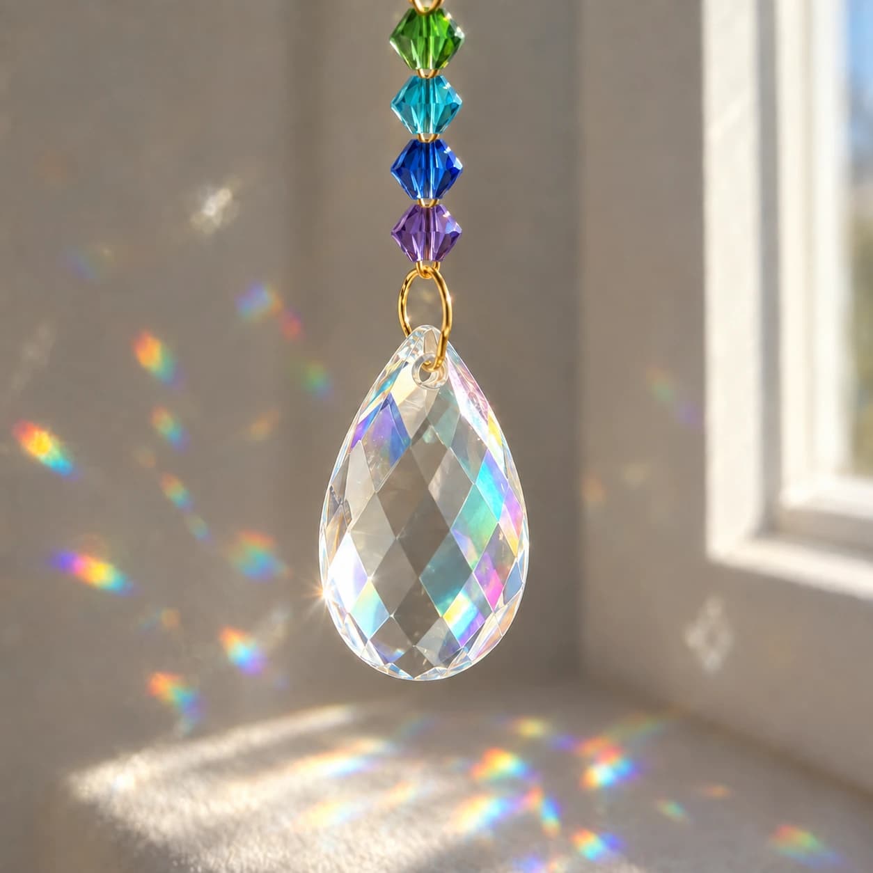 Attrape-soleil lotus en verre coloré, perles irisées à suspendre, vue alternative