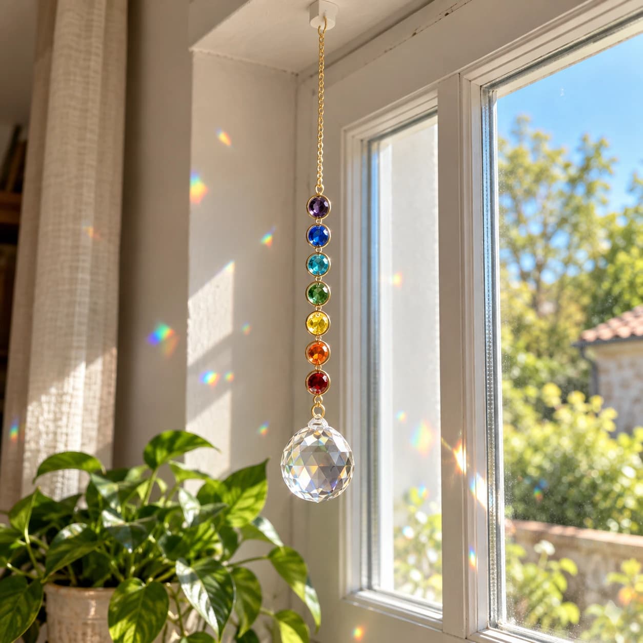 Attrape-soleil suspendu devant un carreau, taches de lumière colorée projetées sur le mur d'en face
