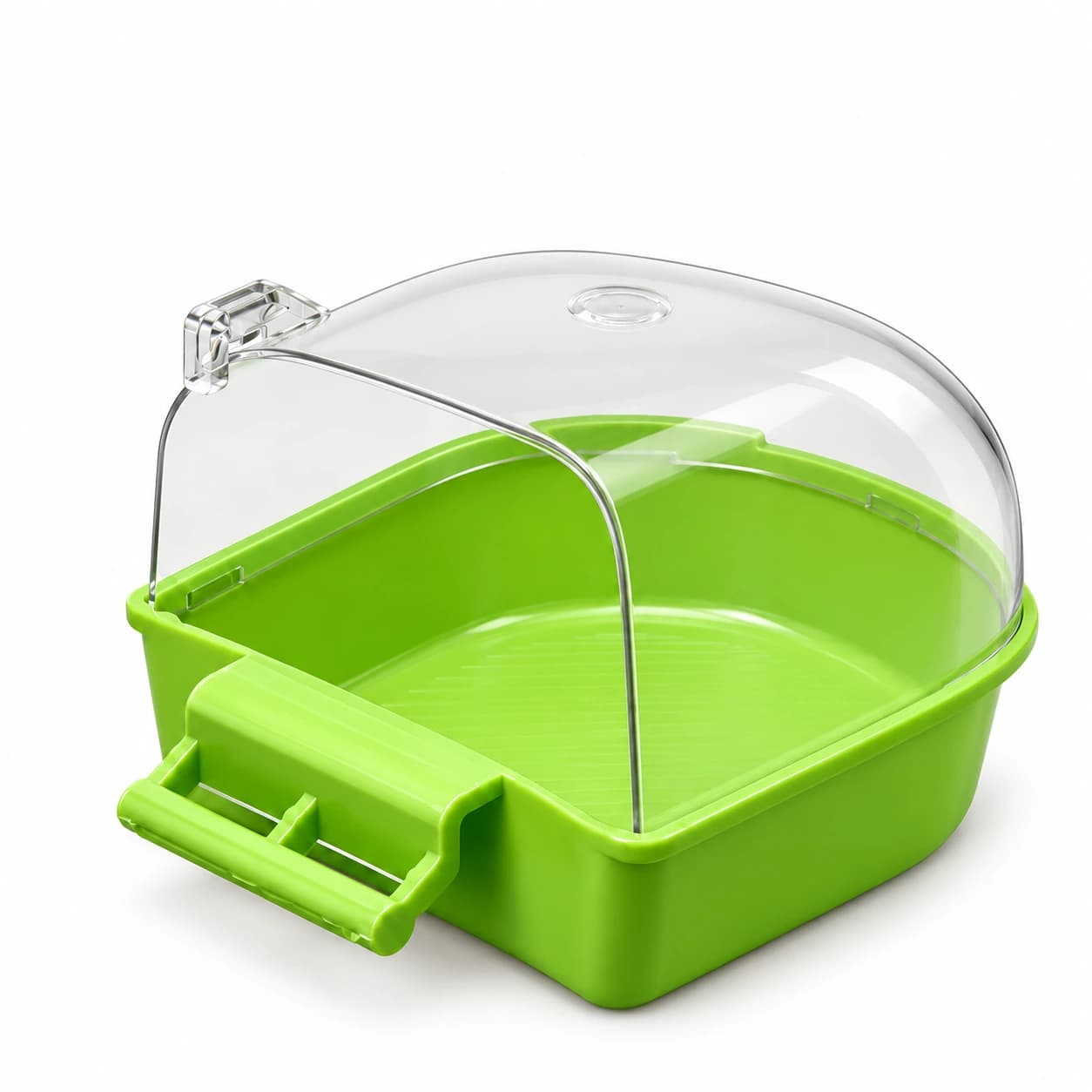 Bac de bain cube pour oiseau de cage, cuve vert anis et dôme transparent