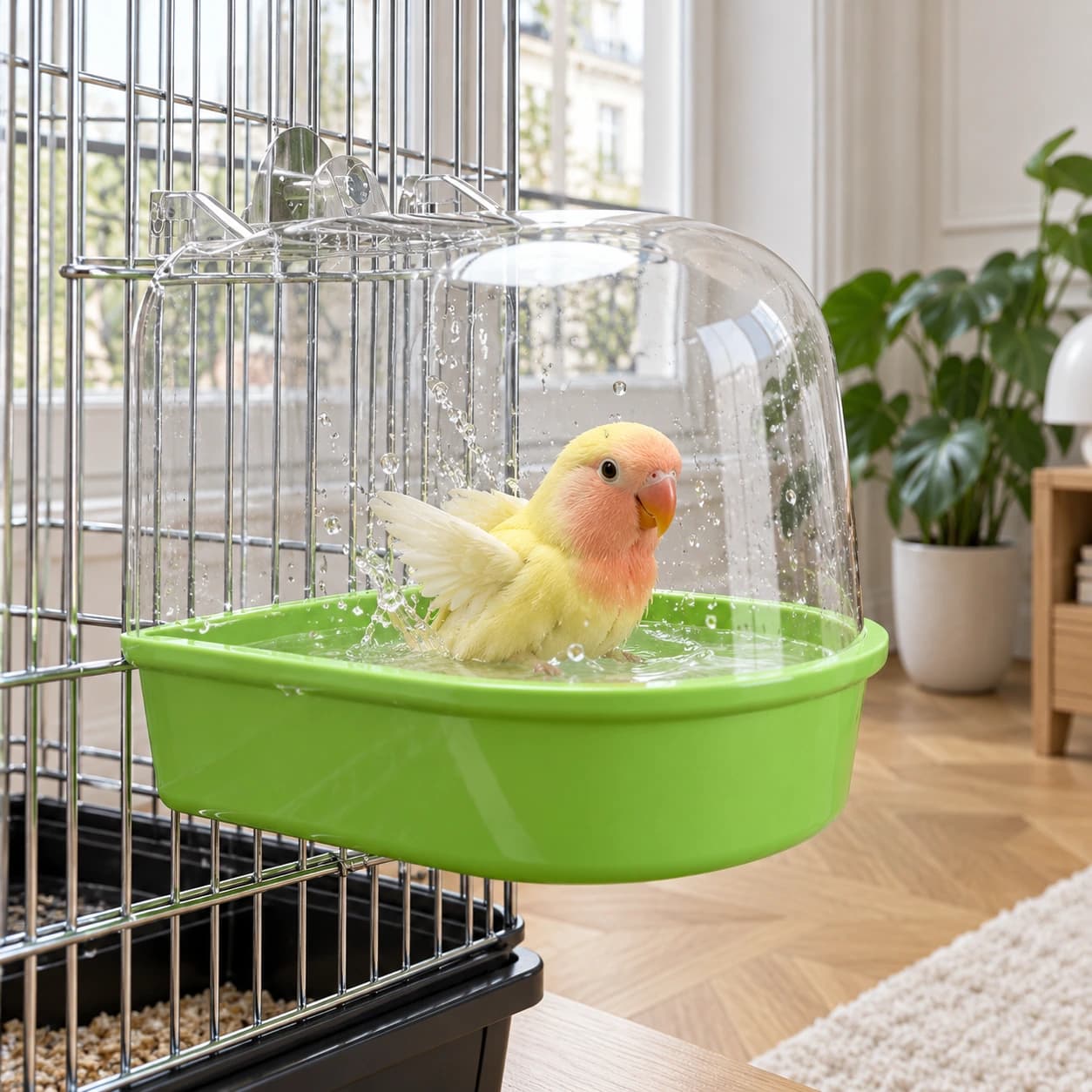 Un inséparable prend son bain dans le cube fixé aux barreaux de la cage