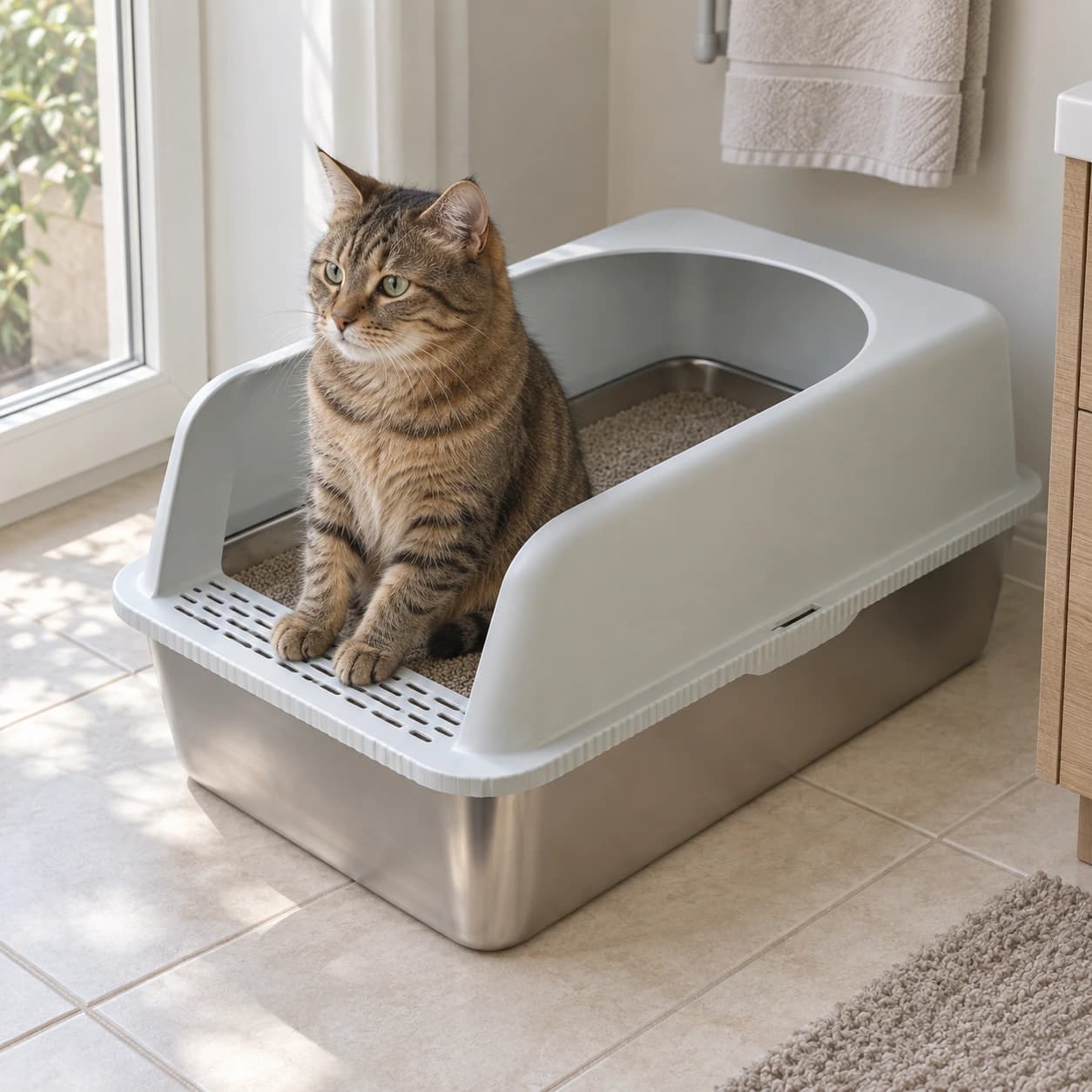 Chat tigré installé dans le bac, pattes avant posées sur la marche percée du rebord