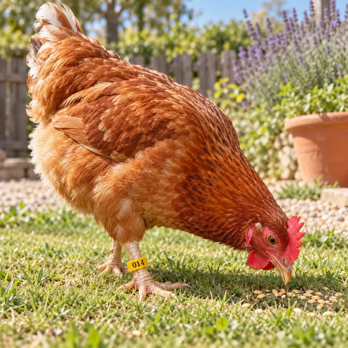 Bague jaune autour de la patte d'une poule rousse qui picore dans l'herbe d'un jardin