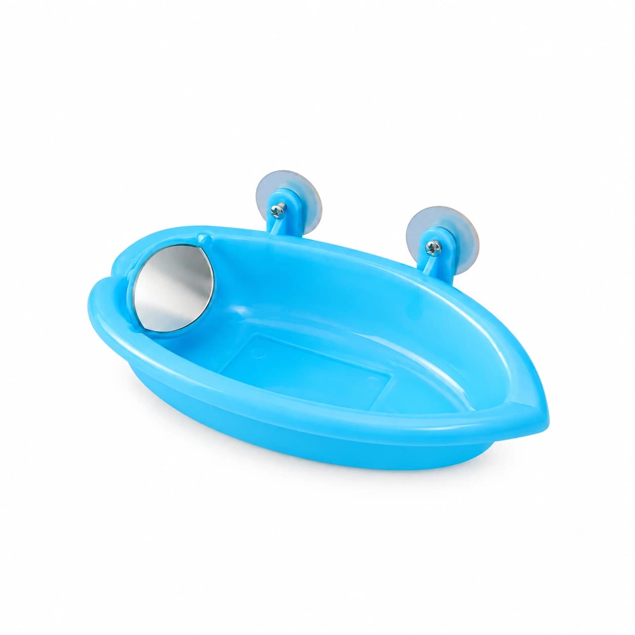 Bol de bain ovale bleu ciel avec miroir rond et ses deux ventouses à vis