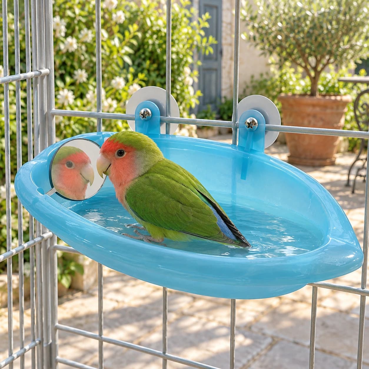 Une perruche verte dans le bol de bain, face à son reflet dans le miroir