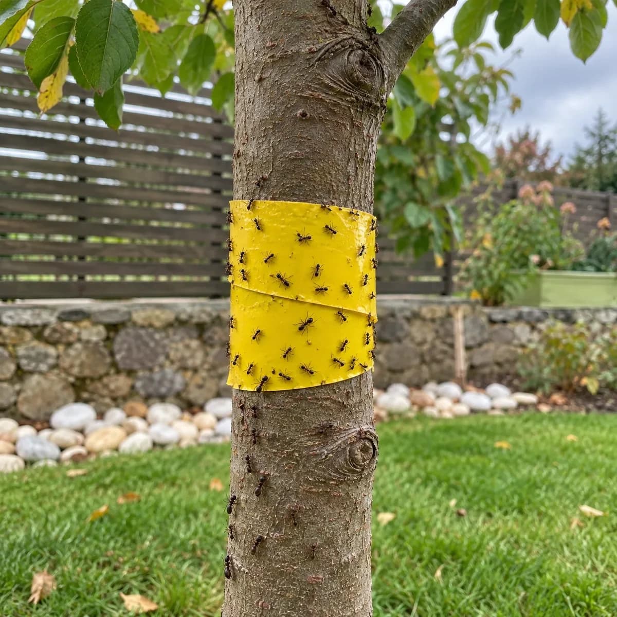 Bande de glu arboricole 10 m, ceinture de tronc contre pucerons et fourmis, en usage