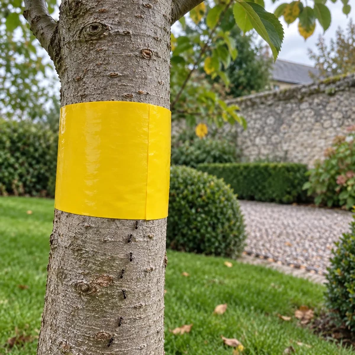 Bande de glu jaune enroulée à plat autour du tronc d’un jeune fruitier