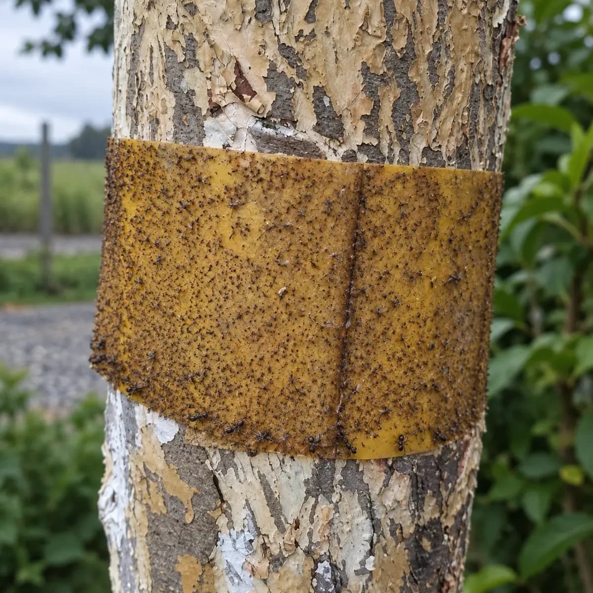Bande de glu en service sur un tronc, jaunie et chargée d’insectes collés