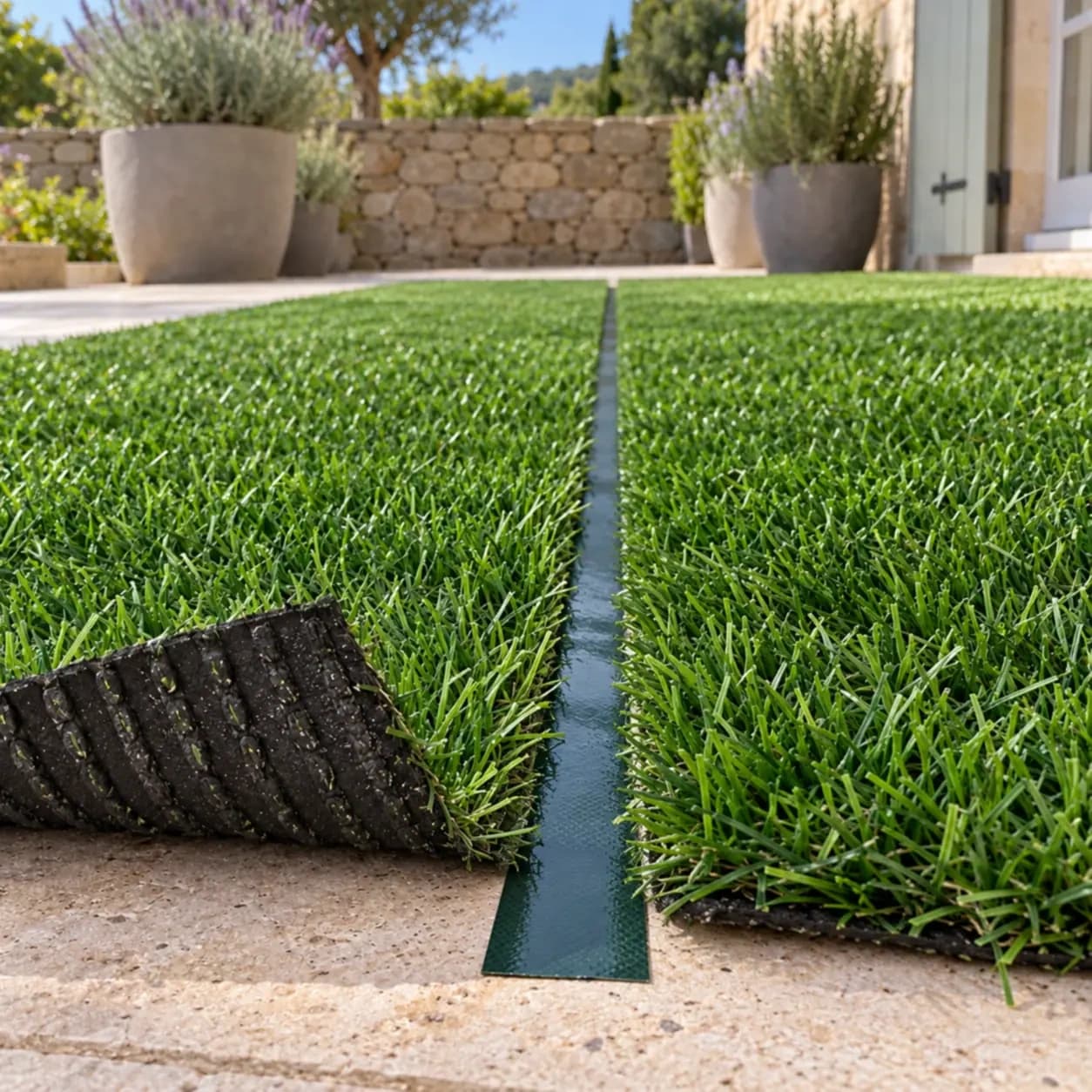 Bande de jonction verte pour gazon artificiel, rouleau de 5 m, en usage
