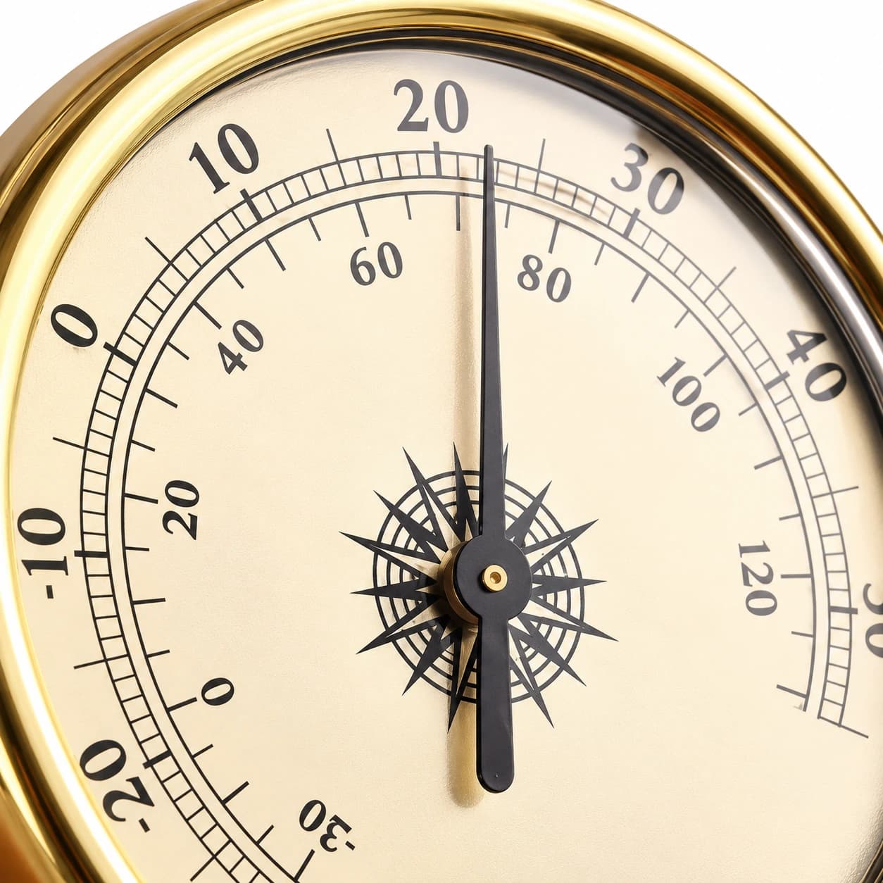 Gros plan du cadran crème du thermomètre, double graduation en degrés Celsius et Fahrenheit, aiguille noire