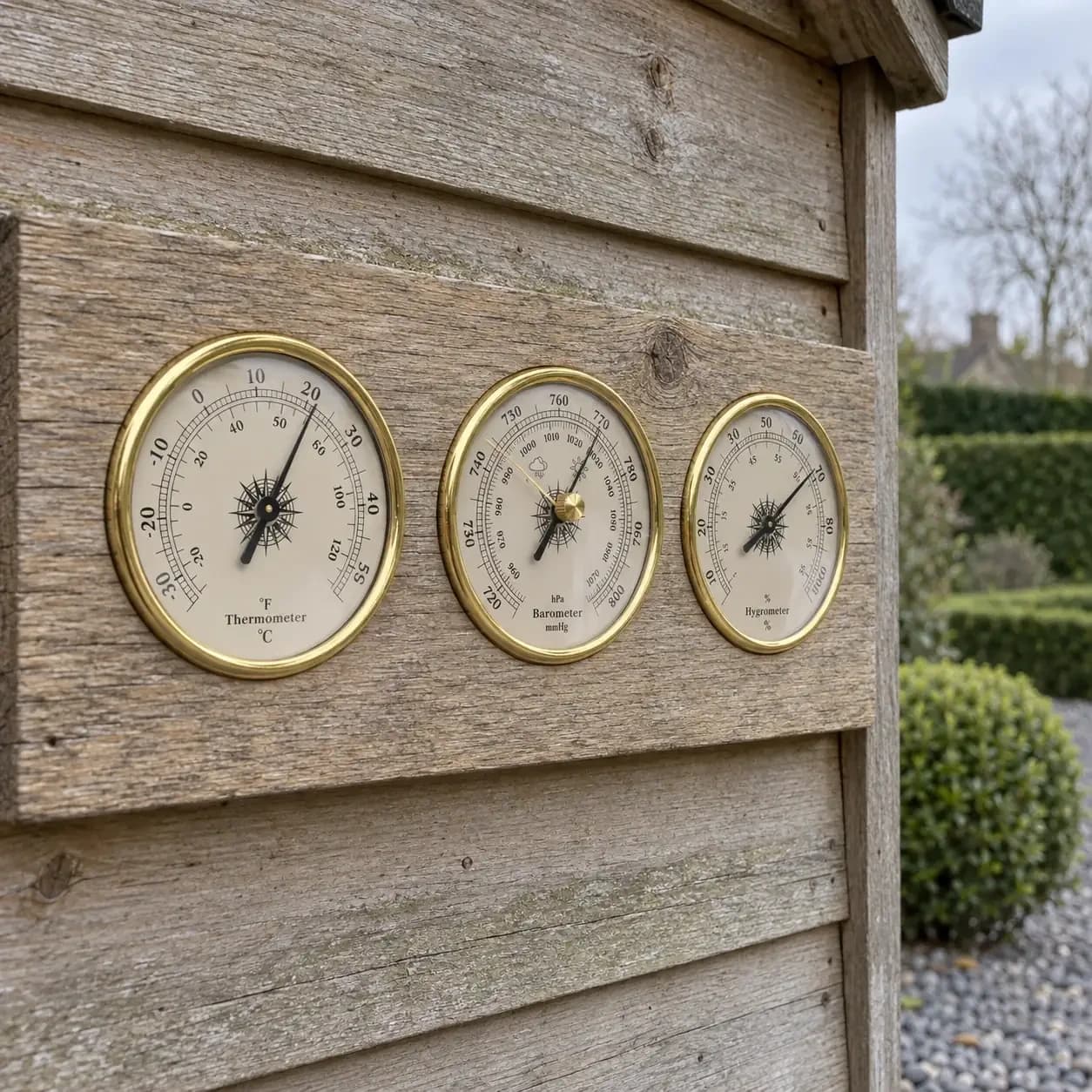 Les trois instruments encastrés dans une planche de bois, sur le mur d'un cabanon de jardin