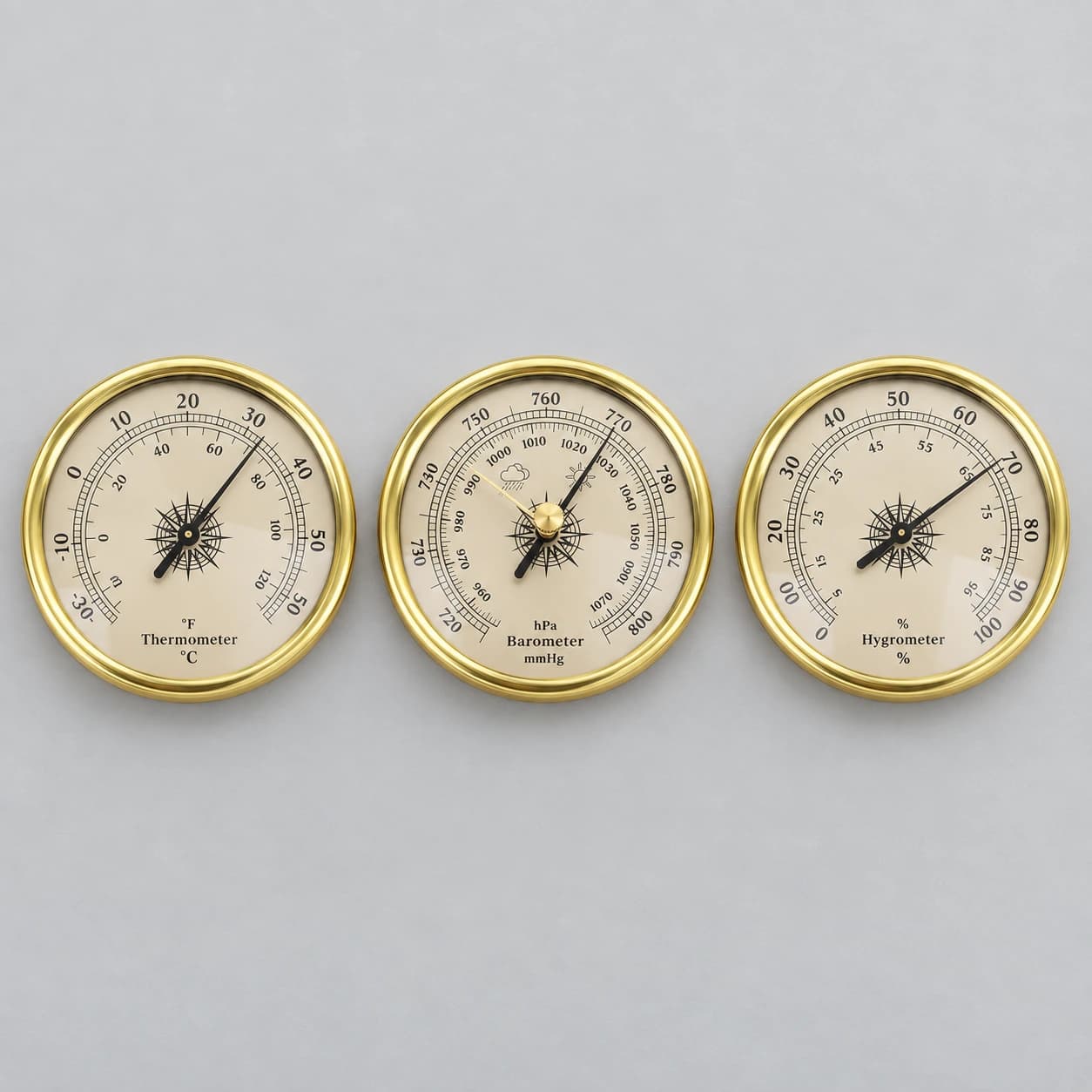 Contenu du colis posé à plat : les trois instruments alignés, thermomètre, baromètre et hygromètre
