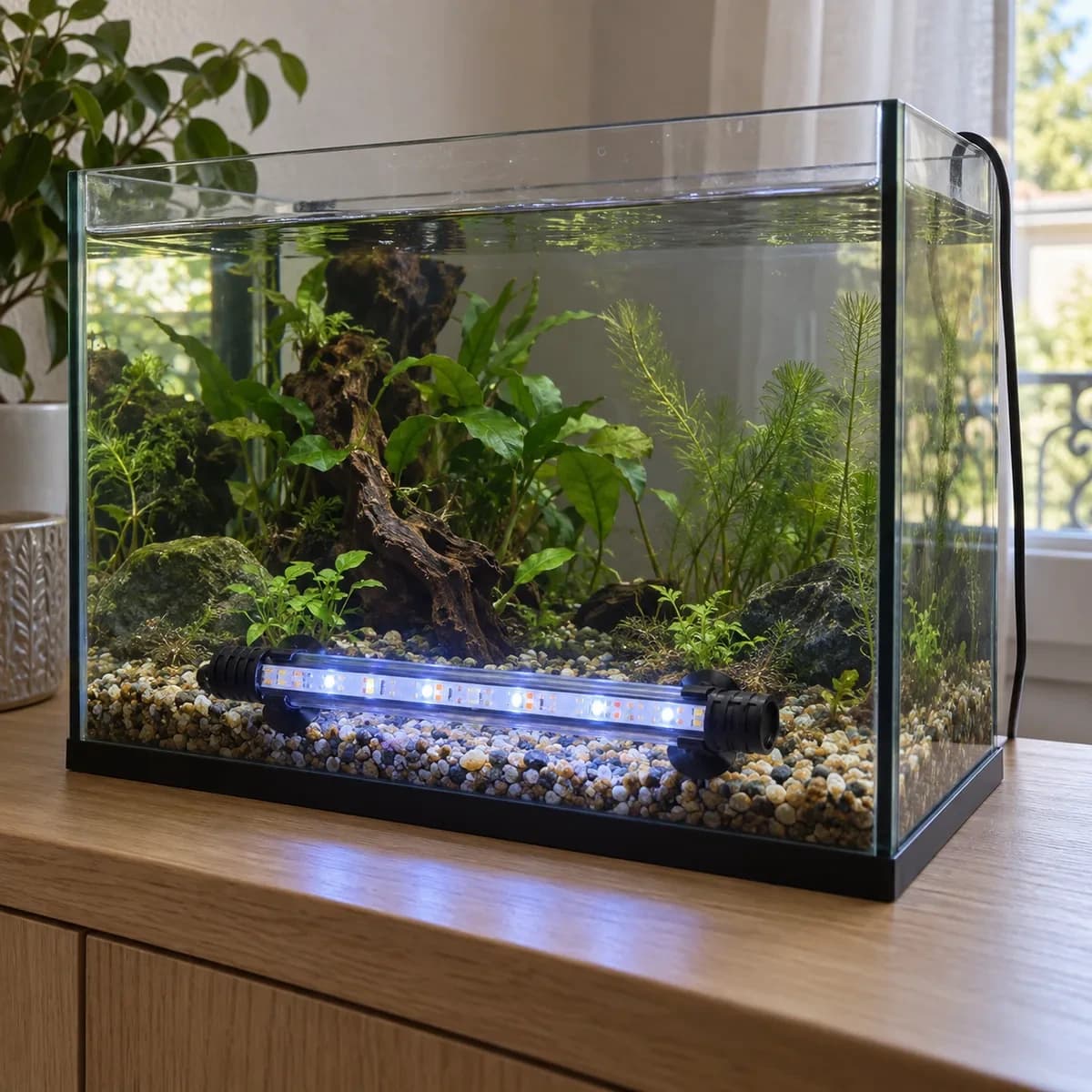Barre LED étanche pour aquarium, 18 cm, lumière bleu-blanc, prise USB, en usage