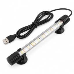 Barre LED d'aquarium de 18 cm sur fond blanc, cordon USB et deux clips-ventouses