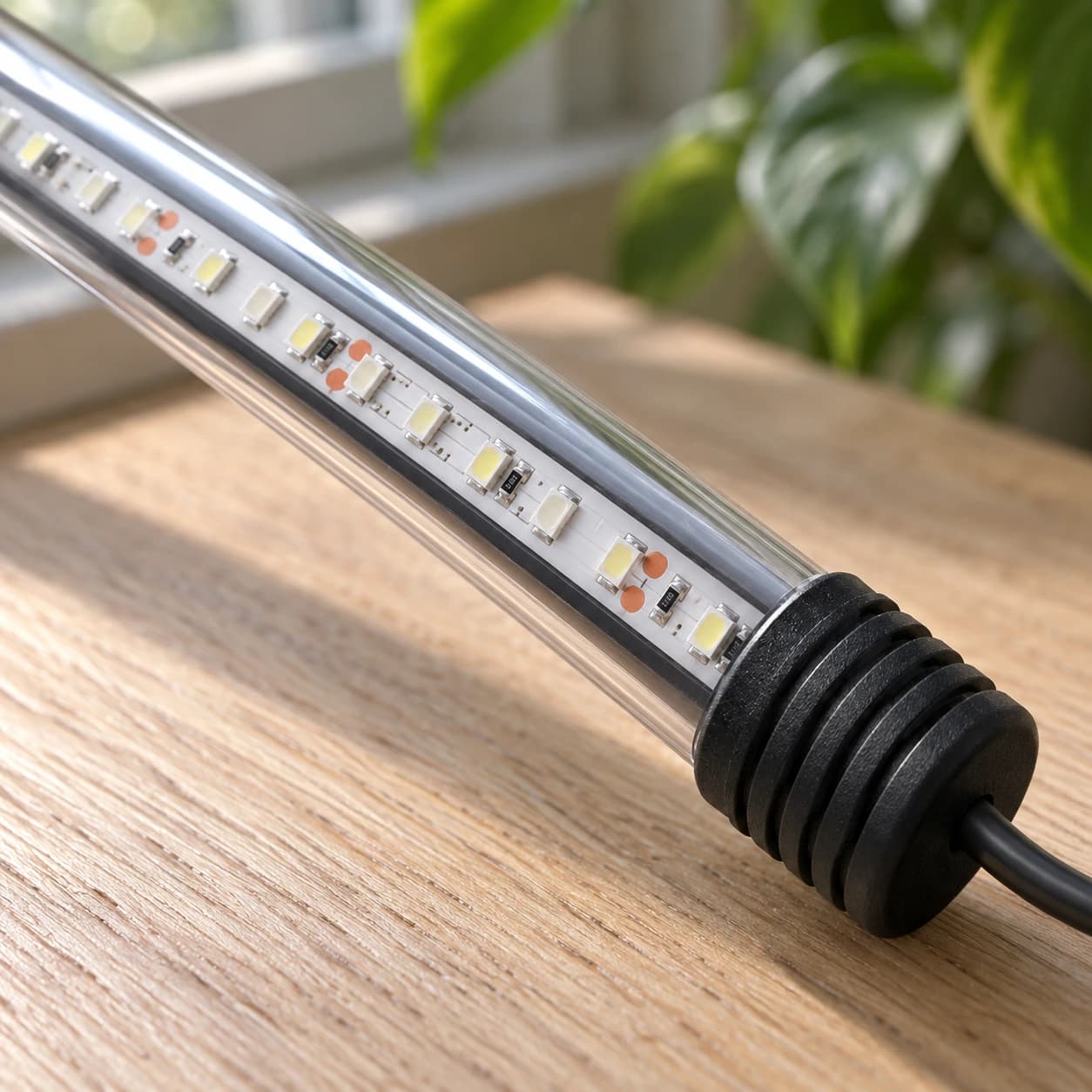 Détail du tube transparent et des deux rangées de perles LED 2835 de la barre