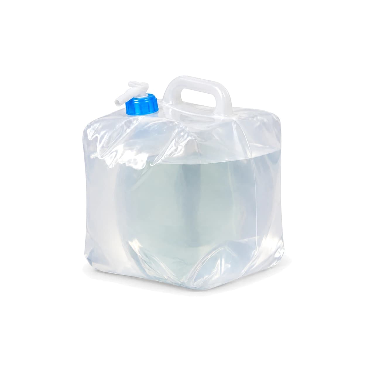 La poche de 20 litres remplie et debout sur fond blanc, paroi translucide à soufflets, collerette bleue et poignée rigide