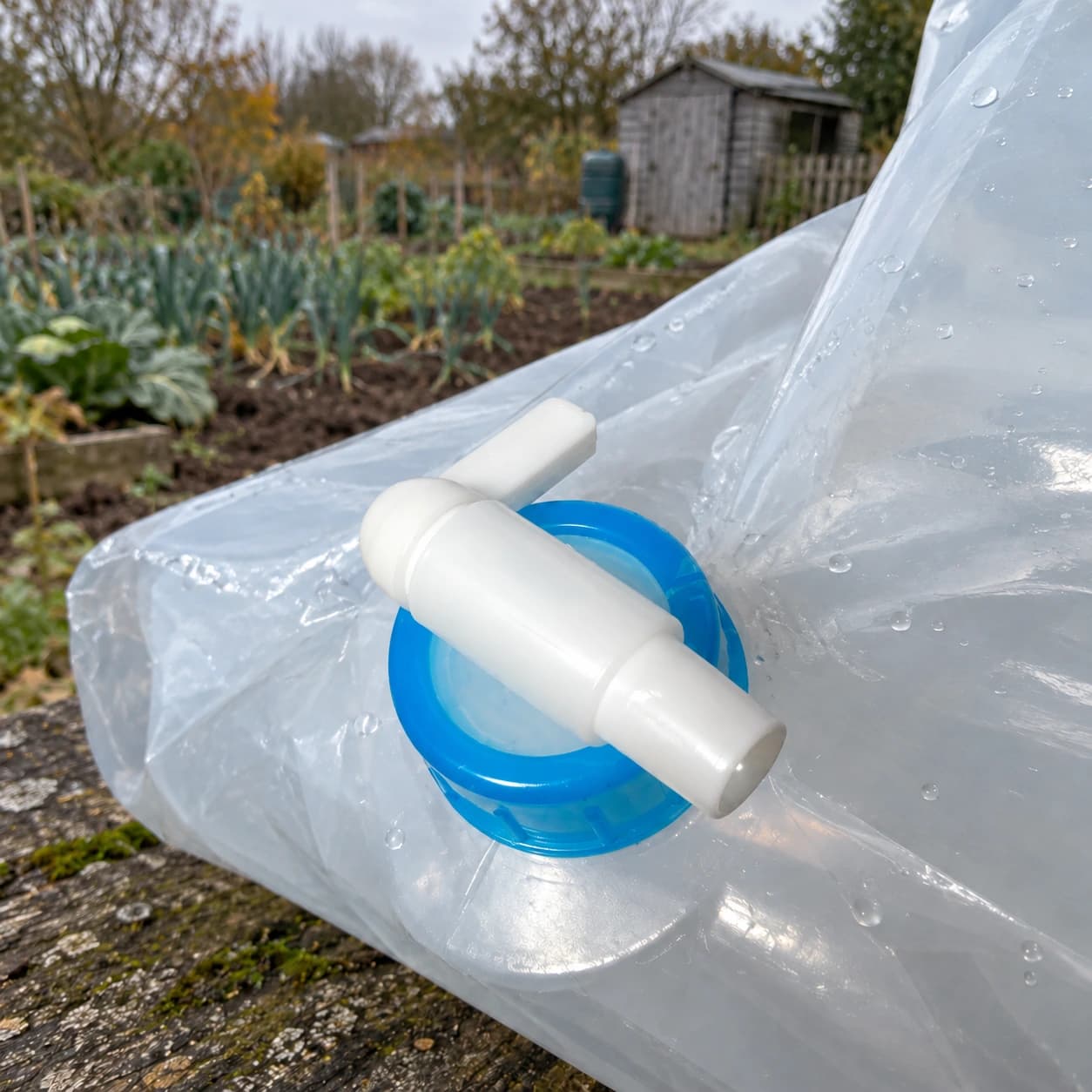 Gros plan du robinet blanc à bec et de la collerette bleue sertie dans la paroi translucide de la poche