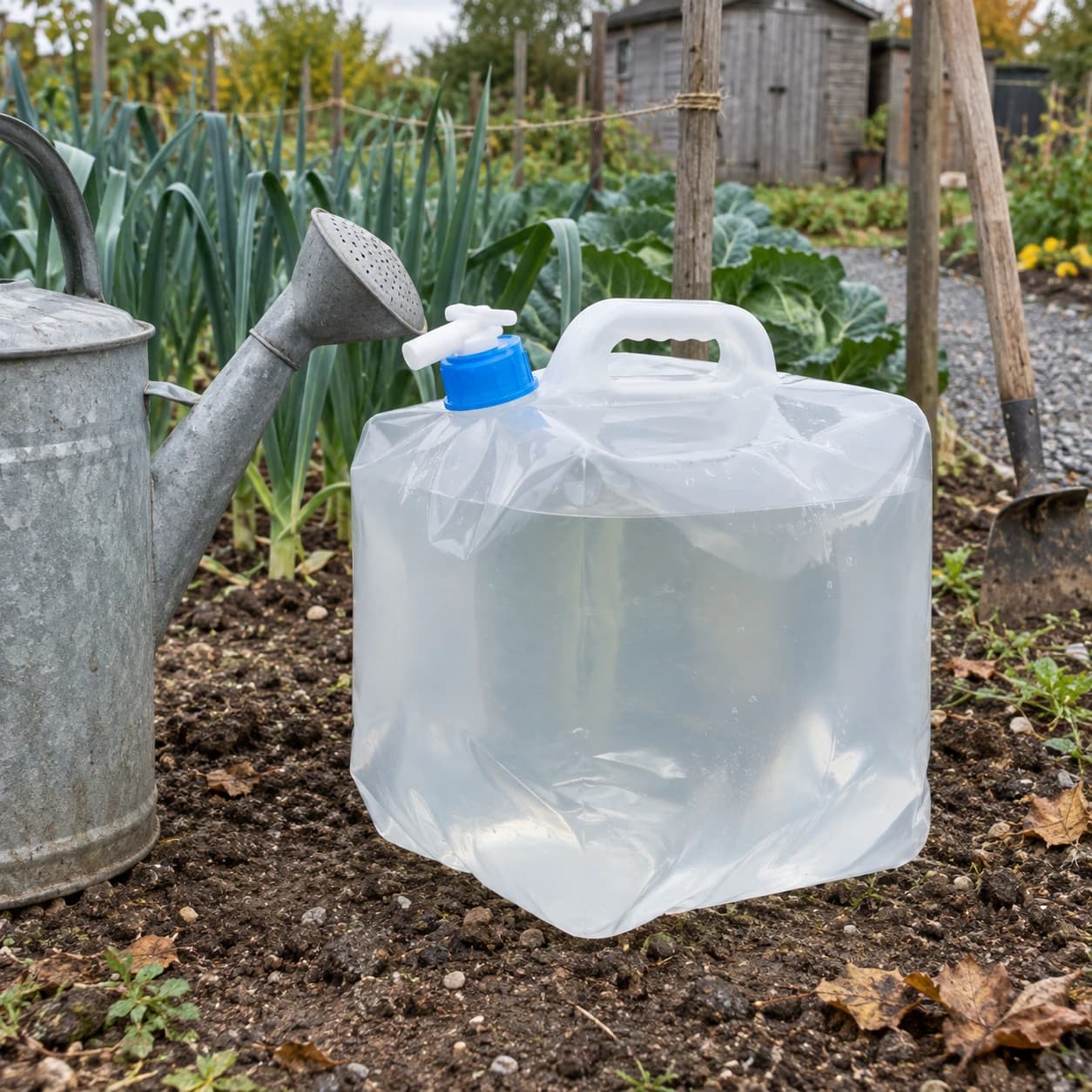 La poche de 20 litres remplie au bord d'un rang de poireaux, à côté d'un arrosoir en zinc, dans un jardin ouvrier