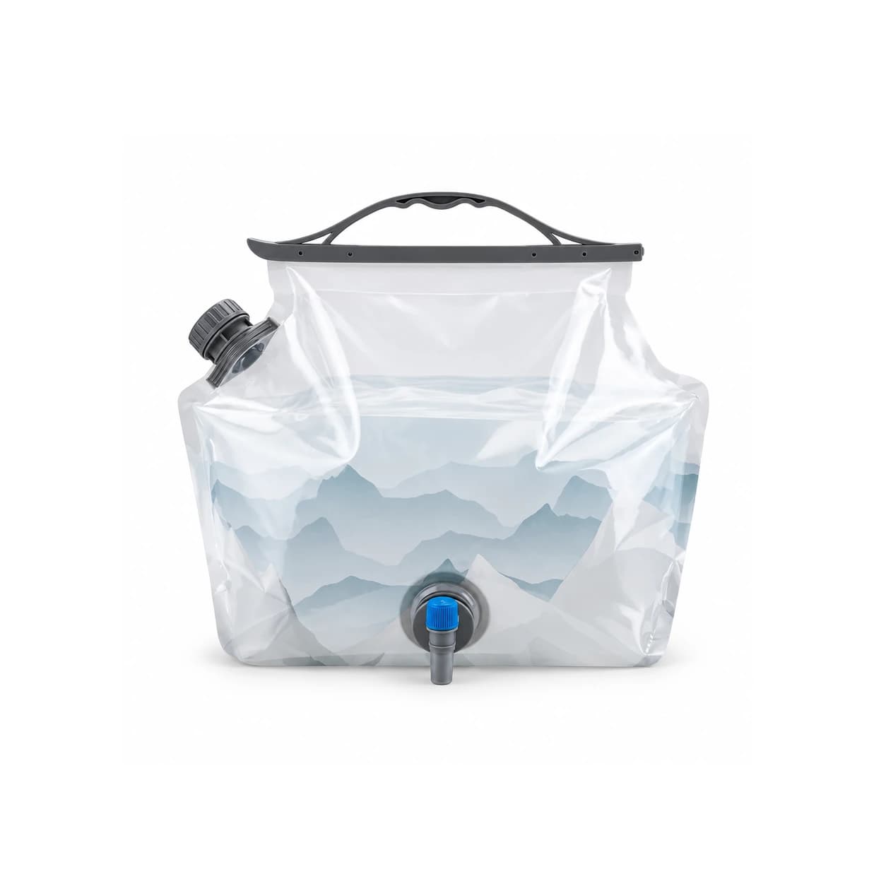 Poche à eau pliable de 8 litres sur fond blanc, poignée grise sur le dessus et robinet à molette bleue