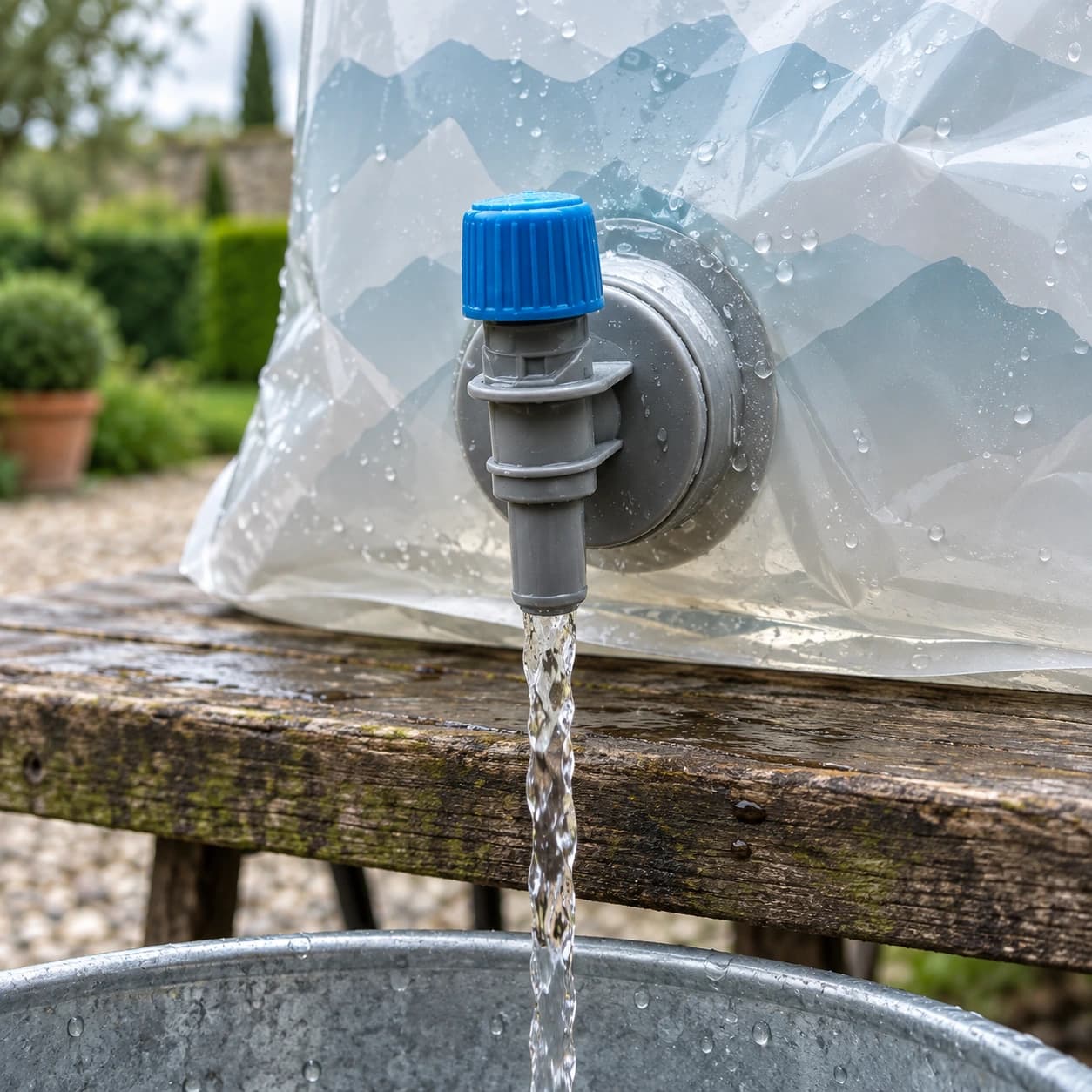 Robinet rotatif ouvert, filet d'eau réglé qui coule dans un seau en zinc posé sur une table en bois