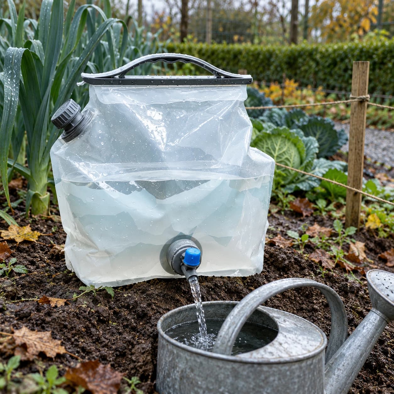 La poche à eau posée au sol dans un jardin ouvrier, robinet vers le bas, un arrosoir en zinc en cours de remplissage