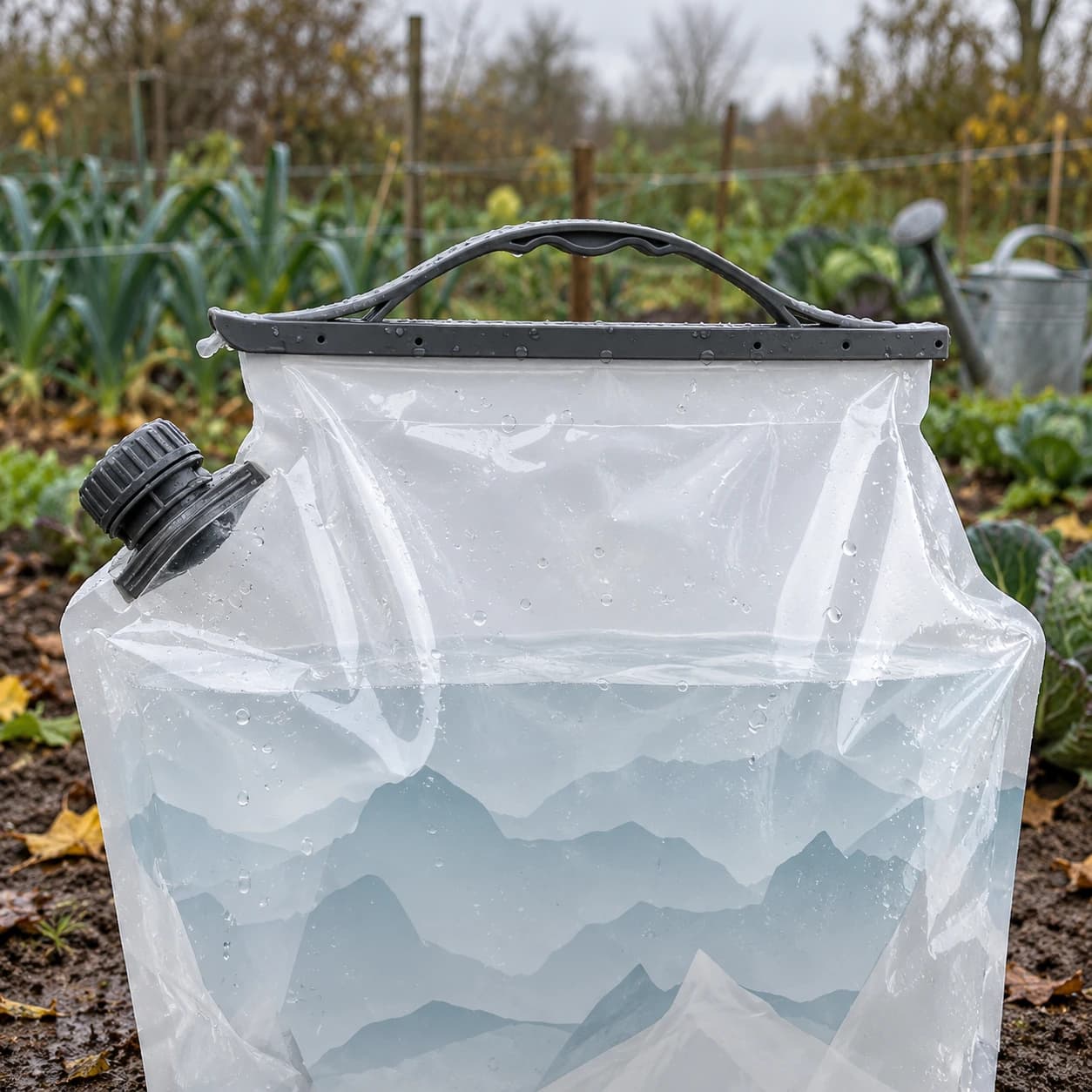Le haut de la poche, barre d'étanchéité, anse pliante et bouchon à vis noir, le niveau d'eau se lit par transparence