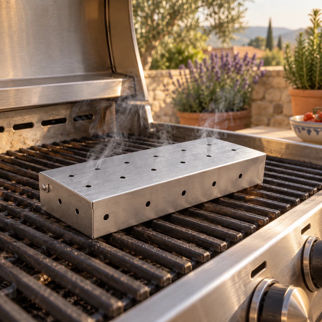 Boîte de fumage fermée posée sur la grille d'un barbecue à gaz, une fine fumée s'échappe des trous du couvercle