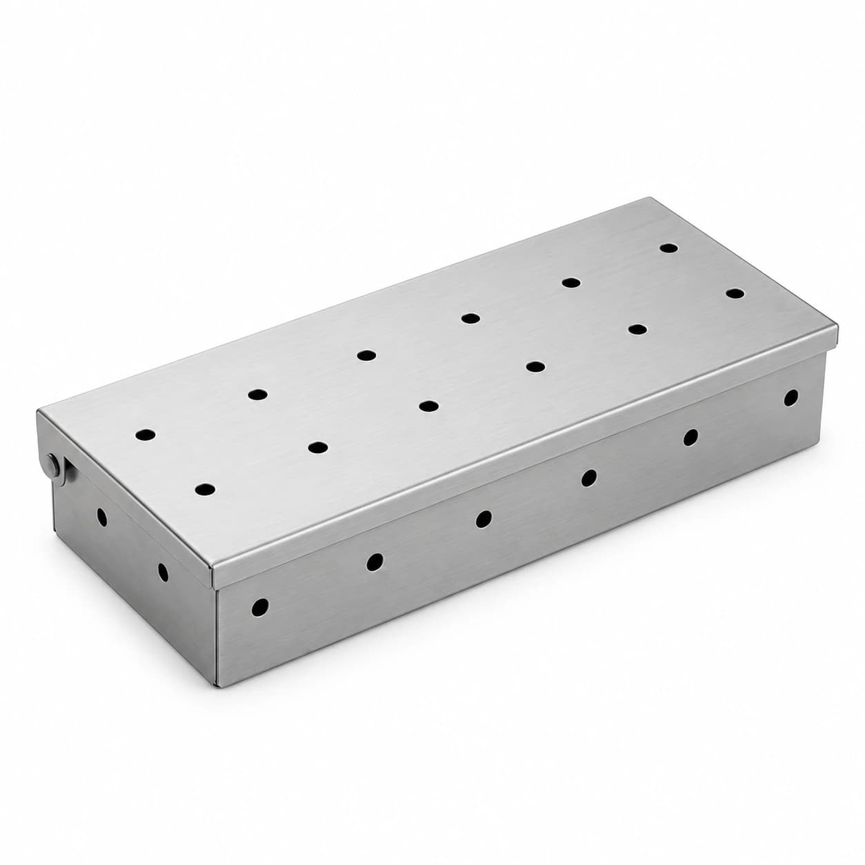 Boîte de fumage en inox à couvercle percé, vue de trois quarts sur fond blanc