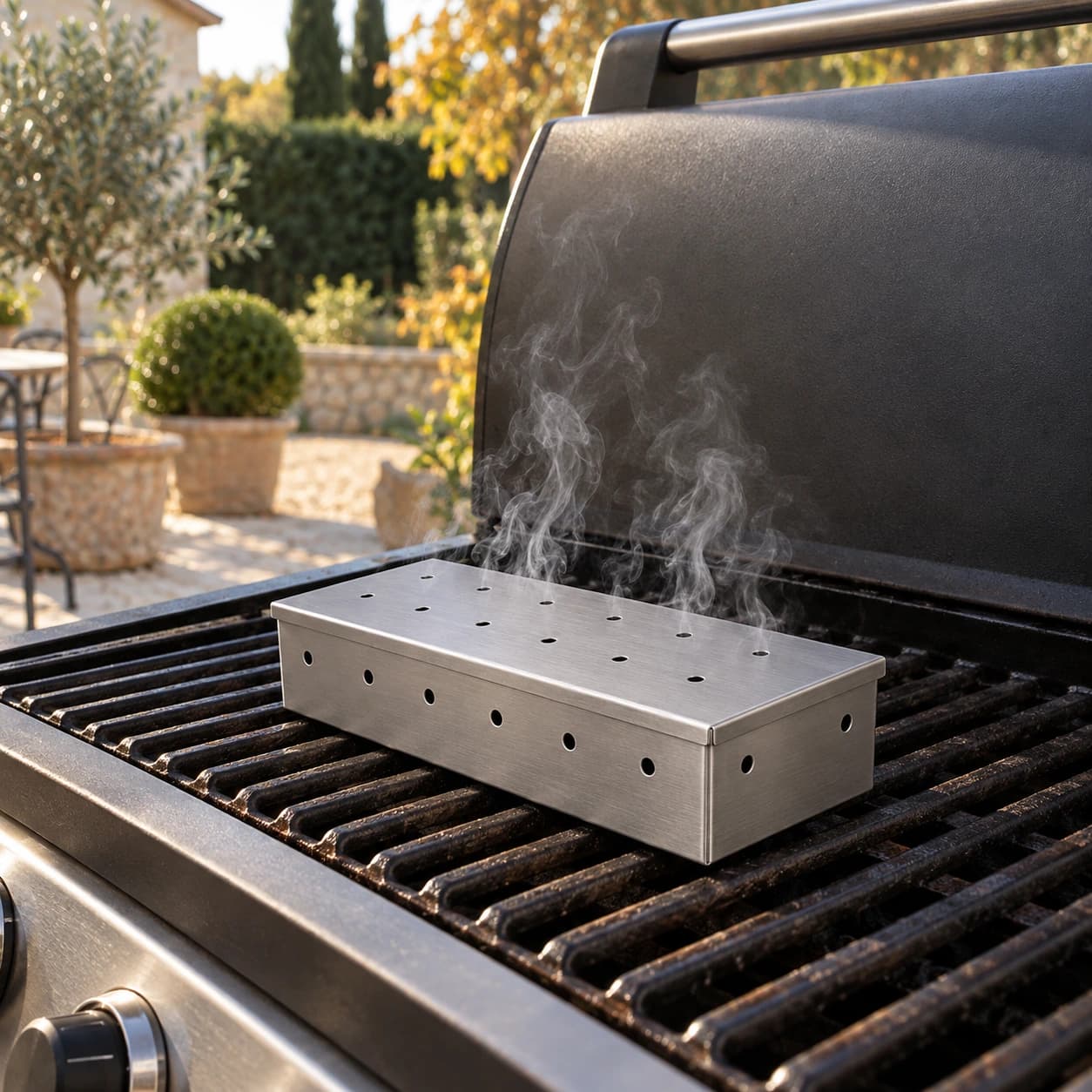 Boîte de fumage sur la grille d'un barbecue à gaz, terrasse de jardin française