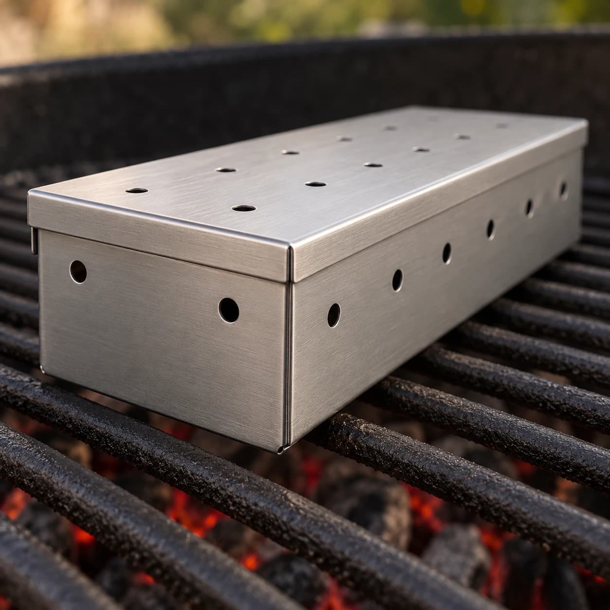 Extrémité de la boîte et rebord du couvercle, posée sur les braises d'un barbecue